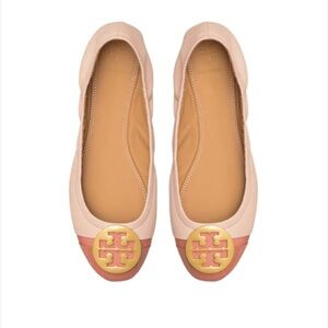 Tory Burch Reva Ballet Flats Pink Blush Patent Toe Gold Logo Size 7.5